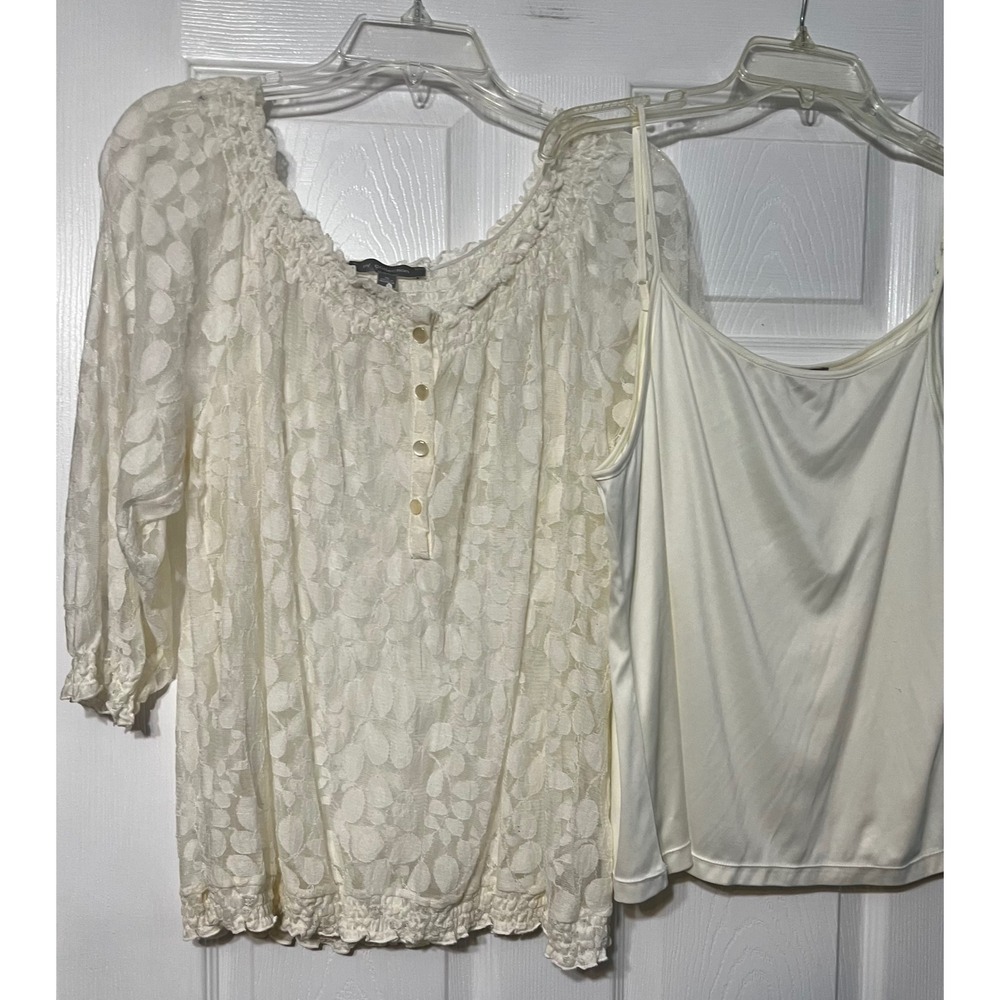 NY Collection Lace Blouse Cami Set Cottagecore‎ Button Up Top Ivory Size XL